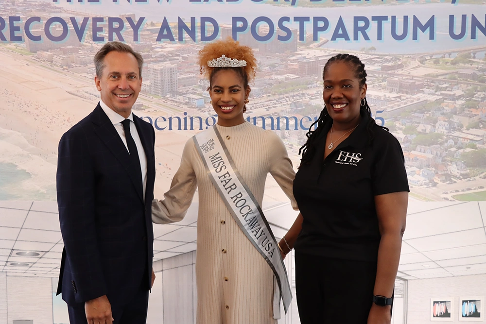 Donald T. Morrish, MD. MMM, (left), Chief Executive Officer of EHS and Jacqueline Marecheau, MD, FACOG, Chair of OBGYN are pictured with Victoria Serrano, who is representing Far Rockaway in the Miss USA New York competition.