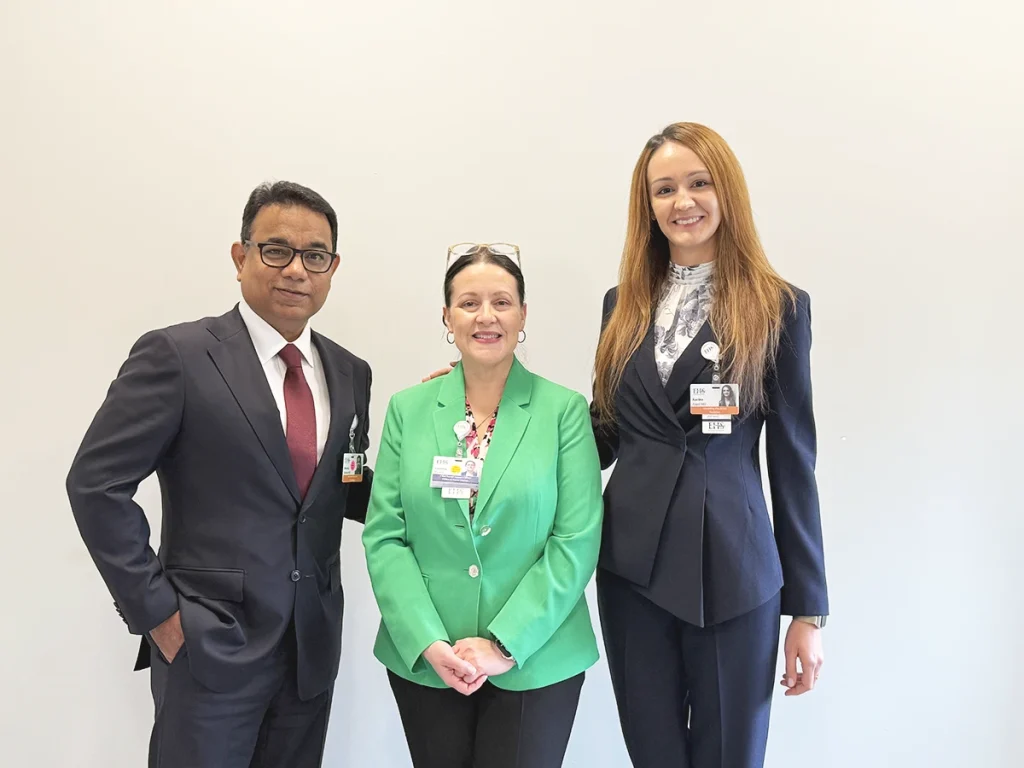 Episcopal Health Services Chief of Cardiology Dheeraj Khurana, MD (left), and Karina Appel, MD, Associate Program Director of Internal Medicine (right), are pictured with event moderator Vanessa Nazario, DBA, Chief Social Impact Officer.