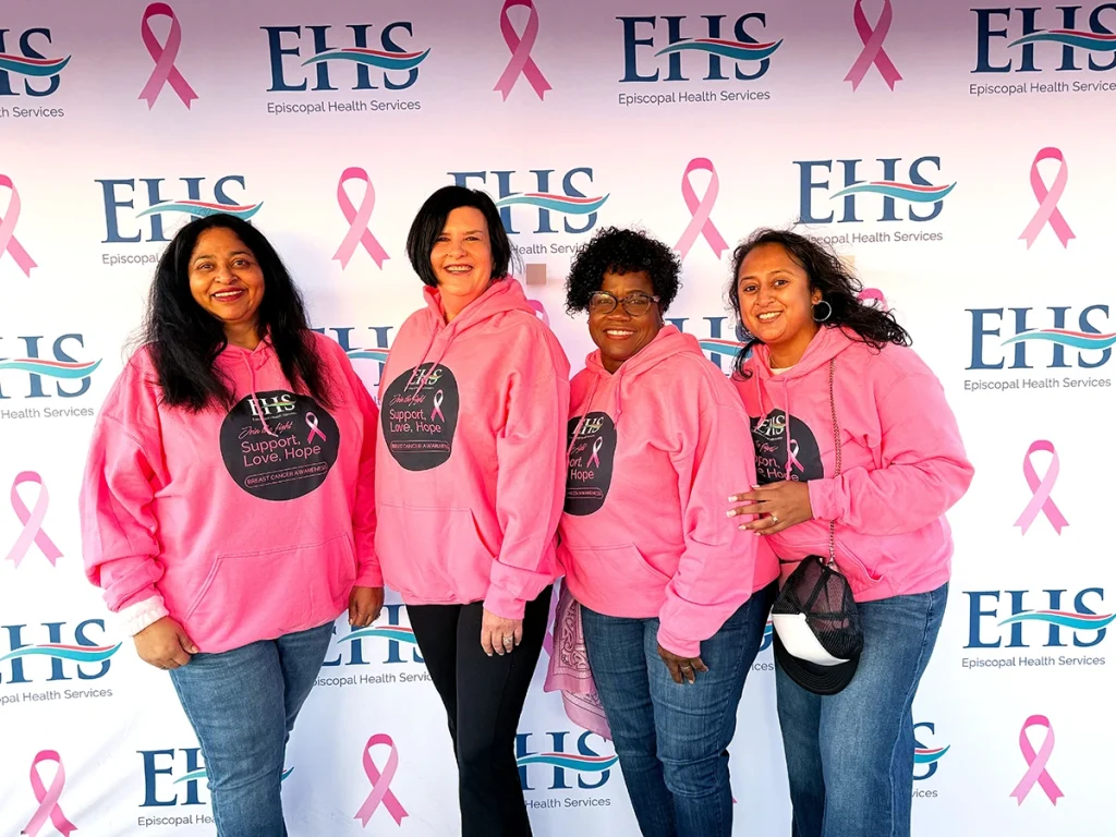 EHS Executive Vice President & Chief Operating Officer Karen Paige, MBA, RN, CPHQ, CPPS, CPXP, OCN (second from left), is pictured with (from left): Annu Kapoor, Senior Director of Oncology Services; Saundra Chisolm, Director of Employee Health and Wellness; and Ronica Ganesh, Director of Benefits & Total Rewards, at the American Cancer Society’s Making Strides Against Breast Cancer Walk.