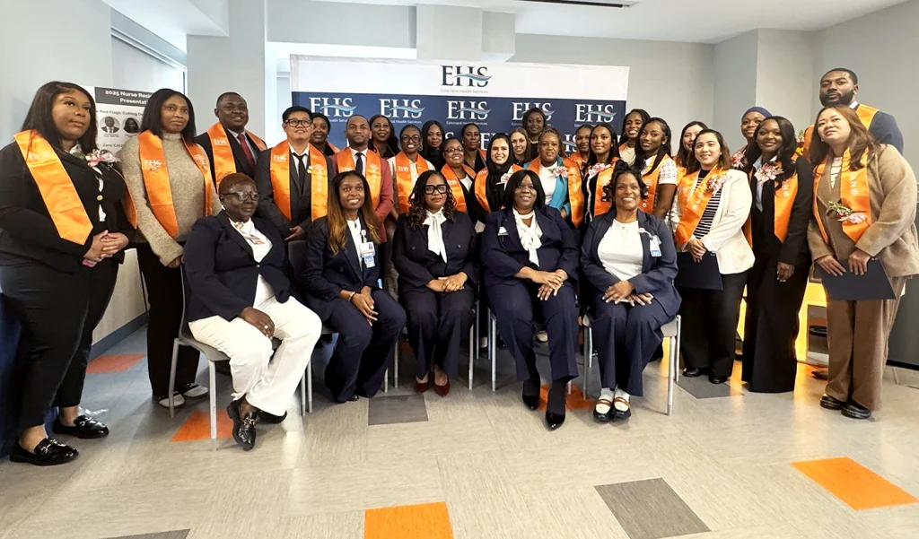 Graduates of Episcopal Health Services inaugural Nurse Residency Program are pictured with program leaders seated, (from left): Natalie Brown, RN, Resident Training RN; N'kechi I. Oliver, MSN-Ed, RN, NEA-BC, NPD-BC, CNE, CMSRN, NRP Nurse Manager/Coordinator, Nursing Professional Development; Keisha-Ann Wisdom, DHA, MBA, BSN, RN, NEA-BC, Senior Vice President of Patient Services and Chief Nursing Officer; Denise Potts, Assistant Vice President of Nursing Professional Practice, and Dionne DeFlorimonte, MSN,RN,CPAN,CAPA, Resident Training RN.