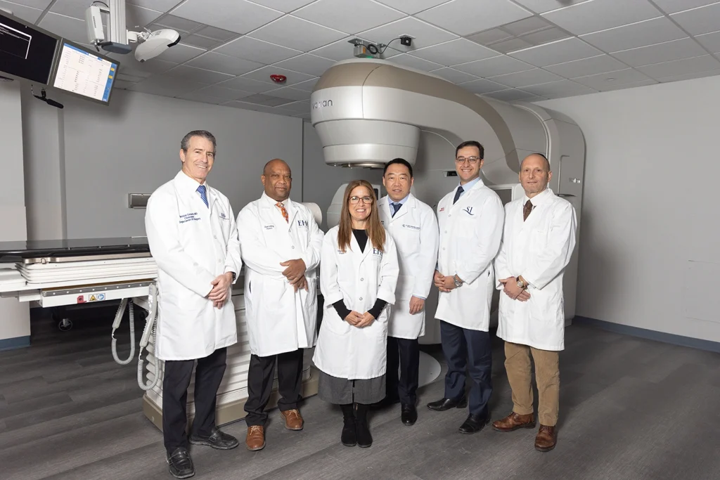 Sheldon Genack, MD, Chair of the Department of Surgery, Delcasse Joseph, MD, Rachel Gordon, MD, and Dmitriy Kim, DO, of Surgical Oncology with Mark Ashamalla, Chief of Radiation Oncology, and Dr. Marc Warshawsky, Chief of Medical Oncology at EHS